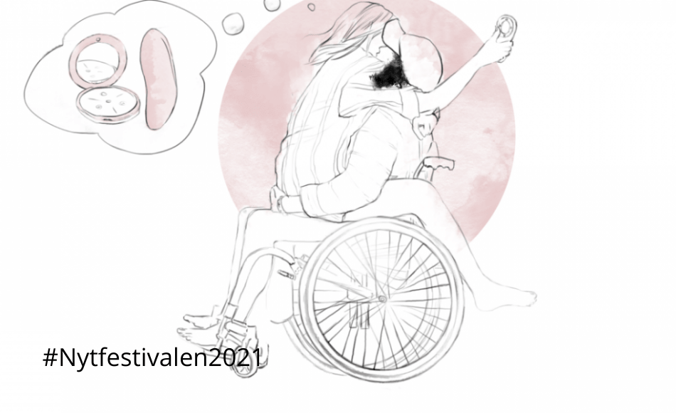 En ung kvinne i rullestol har en annen på fanget mens de bruker trusevibrator.